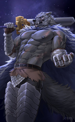 abs anthro armor belt biped cloak clothed clothing facial_scar fangs fur gauntlets gloves grey_body grey_fur handwear holding_melee_weapon holding_object holding_sword holding_weapon looking_at_viewer male melee_weapon muscular muscular_anthro muscular_male nipples pecs scar scars_all_over solo sword teeth topless topless_anthro topless_male weapon amon-sydonai elden_ring fromsoftware blaidd_(elden_ring) canid canine canis mammal wolf 2022 digital_media_(artwork) hi_res