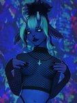 anthro clothed clothing ear_piercing facial_piercing female furgonomics furry-specific_piercing glowing glowing_eyes hair horn horn_piercing lip_piercing neon neon_lights nose_piercing piercing solo translucent translucent_clothing berry_tail bovid caprine goat mammal 3:4 absurd_res hi_res