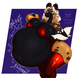 anthro belly big_belly big_breasts black_belly breasts burger clothing female food fur glorp latex markings overstuffed red_clothing simple_background sloshing_belly spots spotted_body spotted_fur stuffing torn_clothing hungry_lamb elizabeth_(dannythedeer1) african_wild_dog canid canine mammal 1:1 absurd_res hi_res