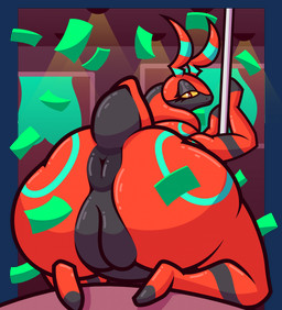 anthro anus big_anus big_butt big_vulva butt dancing female genitals huge_butt looking_at_viewer looking_back looking_back_at_viewer money pole pole_dancing rear_view solo vulva ikakins nintendo pokemon generation_5_pokemon pokemon_(species) scolipede alpha_channel hi_res