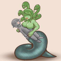 apode big_breasts breasts duo female glowing glowing_eyes inanimate_transformation legless living_hair male multi_eye petrification pseudo_hair serpentine snake_hair split_form transformation 0611_shokun european_mythology greek_mythology miitopia mythology medusa draconcopode human humanoid i_medusa lamia mammal reptile scalie snake 1:1 hi_res