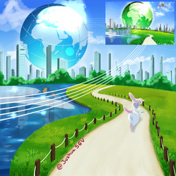 ambiguous_gender blue_inner_ear bow_(anatomy) building cloud detailed_background earth fence feral frutiger_aero fur futuristic grass grass_field hair_bow_(anatomy) jewelry leg_markings markings monotone_tail multicolored_body multicolored_fur neck_bow_(anatomy) necklace one_ear_up pink_body pink_ears pink_fur pink_tail planet plant quadruped rear_view ribbons_(anatomy) road sea shrub sky skyscape socks_(marking) solo tail two_tone_body two_tone_fur water white_body white_fur joshuas nintendo pokemon cora_(joshuas) eeveelution generation_6_pokemon pokemon_(species) sylveon 1:1 2026 digital_drawing_(artwork) digital_media_(artwork) hi_res reference_image signature female_(lore)