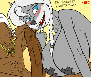 anthro balls big_breasts big_penis blue_eyes blush breasts camera_view clothing collar dialogue duo erection female genitals hanging_breasts huge_breasts huge_penis male male/female pasties penis question_mark recording simple_background swimwear text creatiffy hilde_(creatiffy) canid canine canis mammal wolf english_text hi_res