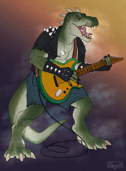 anthro black_nail_polish bodily_fluids clothing colored_nails dog_tags electric_guitar facial_scar green_body guitar jacket leather leather_clothing leather_jacket leather_topwear male musical_instrument nails plucked_string_instrument rocker rocking_out saliva scar solo spikes standing string_instrument teeth topwear flomutt rocco_(tallion) dinosaur prehistoric_species reptile saurischian scalie theropod tyrannosaurid tyrannosauroid tyrannosaurus tyrannosaurus_rex hi_res