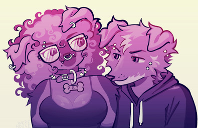 afro anthro anti-eyebrow_piercing clothing coily_hair collar collar_tag curly_hair duo ear_piercing eyebrow_piercing eyewear facial_piercing female floppy_ears glasses gradient hair hoodie lip_piercing looking_at_another male markings mole_(marking) multiple_piercings nose_piercing piercing septum_piercing shirt snaggle_tooth spiked_collar spikes tank_top topwear wearing_glasses werehouse canid canine canis domestic_dog mammal absurd_res bust_portrait hi_res portrait