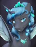 blue_eyes blue_hair crystal female hair horn insect_wings jewelry looking_at_viewer necklace pupils slit_pupils solo wings silfoe friendship_is_magic hasbro my_little_pony fan_character queen_polistae arthropod changeling hi_res portrait