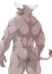 anthro biped bodily_fluids butt facial_piercing horn looking_away male muscular muscular_anthro muscular_male nose_piercing nose_ring nude piercing rear_view ring_piercing septum_piercing simple_background solo standing sweat white_background kemonokoko bovid bovine cattle mammal