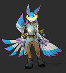 3_fingers 4_ears :< anthro belted_boots black_sclera blue_body blue_feathers boots clothed clothing feathers fingers footwear furrowed_brow glowing_object headgear hologram male multi_ear purple_body purple_feathers science_fiction shirt shoes simple_background solo technology topwear tunic white_body white_feathers winged_arms wings compound_lift frostidragon eikan alien avali avian hi_res male_(lore)