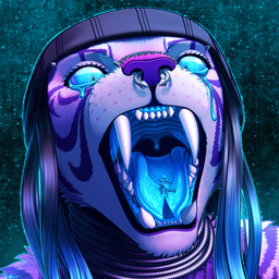 anthro beanie black_hair blue_eyes blue_hair_tips blue_mouth blue_tongue bodily_fluids choker clothing duo extreme_size_difference facial_piercing fangs female forked_tongue fur gaping_mouth hair hat headgear headwear in_mouth jewelry large_fangs larger_female latex liquid_latex looking_at_another macro micro mouth_shot multicolored_hair necklace nose_piercing open_mouth piercing pink_body pink_fur purple_stripes saliva saliva_on_tongue saliva_string size_difference stripes tears teeth teeth_showing tongue two_tone_hair vore white_body white_fur conditional_dnp ratte psychedelic_whiskers felid latex_creature living_latex mammal pantherine tiger 1:1 2025 hi_res