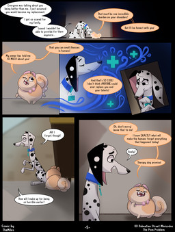 black_nose black_spots bow_tie dialogue duo female feral fur heterochromatic_ears pink_bow_tie pink_inner_ear sniffing spots tan_body tan_fur text toony white_body white_fur themiles 101_dalmatian_street 101_dalmatians disney delilah_(101_dalmatians) poppy_(101_dalmatians) canid canine canis dalmatian domestic_dog mammal pomeranian spitz comic english_text