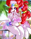 anthro bikini breasts clothing clown clown_nose dessert female food hair ice_cream red_hair solo swimwear two-piece_swimsuit white_body white_skin hamsteroftime nintendo pokemon generation_7_pokemon pokemon_(species) primarina 4:5 absurd_res hi_res