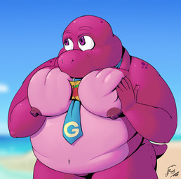 anthro beach belly beverage big_breasts big_butt big_moobs bodily_fluids breasts butt juice_(beverage) male male/male moobs nipples obese overweight pink_body purple_eyes slightly_chubby solo sweat alan_vdog gameoverse glitch_productions gobbles_(gameoverse) dinosaur prehistoric_species reptile scalie blue cyan hi_res