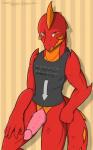 anthro bottomless clothed clothing erection genitals looking_at_viewer male orange_body orange_scales penis red_body red_scales scales shirt smile solo tail tank_top topwear novah_ikaro mythology novah_ikaro_(character) dragon mythological_creature mythological_scalie scalie absurd_res digital_media_(artwork) hi_res meme