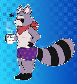 anthro belly berry beverage big_tail black_body black_feet black_hands black_markings black_nose blue_background boxers_(clothing) clothing coffee coffee_mug detailed_background facial_markings feet food fruit fur grumpy hand_on_hip head_markings head_tuft kerchief male markings pattern_clothing pattern_underwear plant purple_body purple_clothing purple_ears purple_eyes purple_fur purple_underwear red_kerchief side_view simple_background slightly_chubby solo striped_markings striped_tail stripes tail tail_markings tuft underwear wide_hips an0malyz3r0 indigo_park rambley_raccoon mammal procyonid raccoon absurd_res hi_res