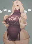 anthro big_breasts blush bodily_fluids breasts clothed clothing curvy_figure eyes_closed female fur group horn kemono mature_anthro mature_female open_mouth simple_background slightly_chubby standing sweat thick_thighs voluptuous wide_hips rikose undertale undertale_(series) annoying_dog_(undertale) toriel boss_monster_(undertale) bovid canid canine canis caprine domestic_dog mammal 2018