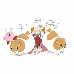 2_horns 4_eyes 6_hands all_fours ambiguous_gender armless biped bipedal_feral blue_eyes blush blush_stickers bodily_fluids brown_body brown_skin butt butt_in_face butt_smother clothed clothing dialogue face_squish feral floating_hands fur group hair horn legless multi_eye multi_hand multicolored_body multicolored_fur open_mouth open_smile orange_body orange_fur pink_body red_body scared scarf semi-anthro simple_background smile smothering snout speech_bubble squish sweat sweatdrop text two_tone_body two_tone_fur whiskers white_background white_body white_eyes white_fur white_hair yellow_fangs tao_yamata kirby_(series) kirby_air_riders nintendo kirby rick_(kirby) taranza arachnid arthropod cricetid hamster humanoid mammal rodent spider spidr waddling_head 1:1 2026 digital_drawing_(artwork) digital_media_(artwork) japanese_text signature