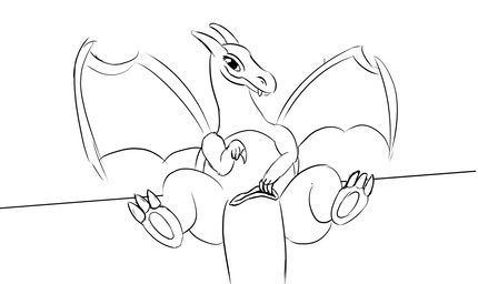 animal_genitalia cloaca female feral genitals gesture hand_gesture horizontal_cloaca looking_at_viewer pointing presenting solo spread_legs spreading kuvik nintendo pokemon charizard generation_1_pokemon pokemon_(species) hi_res monochrome