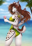 anthro beach black_lips black_nose blue_eyes breasts brown_hair butt clothed clothing day dessert detailed_background eyebrows eyelashes female food hair ice_cream inner_ear_fluff lips looking_at_viewer looking_back one-piece_swimsuit outside palm_tree plant pose rear_view seaside shoreline sky smile solo spots standing swimwear teeth tree tuft water white_body lycangel sabrina_north canid canine canis deer hybrid mammal wolf 2022 digital_media_(artwork) hi_res