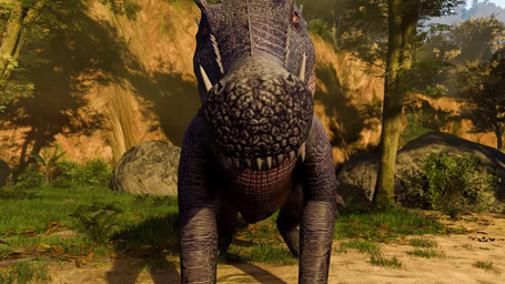 abdominal_bulge ambiguous_gender ambiguous_pred back_ridge belly big_belly bottomwear clothing detailed_scales duo fangs feral feral_pred first_person_view footwear fully_inside head_first head_spikes human_prey in_mouth larger_pred male male_prey membrane_(anatomy) neck_bulge oral_vore outside overbite palm_tree partially_inside plant prey_pov quadruped raised_head sandals scales sharp_teeth shoes shorts size_difference socks soft_vore spikes spikes_(anatomy) swallowing tail tail_ridge teeth tree ventral_scales vore webbed_hands yellow_body yellow_scales bregneste human kaprosuchus mammal prehistoric_species reptile scalie 16:9 animated detailed hi_res no_sound short_playtime video widescreen