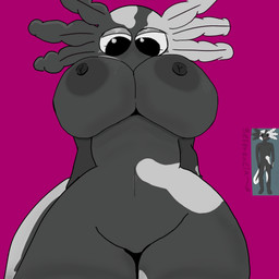 anthro areola big_breasts breasts featureless_crotch female huge_breasts looking_down low-angle_view navel nipples non-mammal_breasts non-mammal_navel non-mammal_nipples nude solo thick_thighs wide_hips xybzthtacali amphibian aquatic axolotl mole_salamander salamander 1:1 absurd_res hi_res reference_image