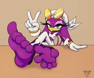 5_toes anthro barefoot beak clothed clothing feet female foot_focus gesture gloves hand_gesture handwear purple_body soles solo toes v_sign white_clothing white_gloves white_handwear tenashiart sega sonic_riders sonic_the_hedgehog_(series) wave_the_swallow avian bird hirundinid oscine passerine swallow_(bird) 6:5 absurd_res hi_res