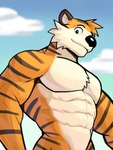 abs anthro big_muscles blue_sky cloud countershade_face countershade_neck countershade_torso countershading day detailed_background fur looking_at_viewer male muscular muscular_anthro muscular_male navel nude outdoor_nudity outside pecs sky smile solo standing stripes tuft jrjresq calvin_and_hobbes hobbes felid mammal pantherine tiger 2021 3:4 digital_drawing_(artwork) digital_media_(artwork) half-length_portrait hi_res portrait shaded