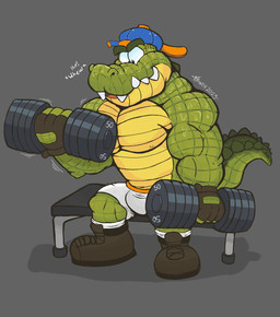 anthro backwards_baseball_cap backwards_hat baseball_cap biceps black_boots black_clothing black_footwear bodily_fluids boots bottomwear clothed clothing deltoids dumbbell exercise fangs fingerless_gloves footwear gloves grey_background handwear hat headgear headwear male manly muscular nipples pecs shoes shorts shorts_only simple_background socks solo sweat sweaty_male teeth toony topless triceps weight_bench weightlifting weights white_bottomwear white_clothing white_footwear white_shorts white_socks workout krunchycroc krunch_(krunchycroc) crocodile crocodilian reptile scalie 2023 absurd_res hi_res