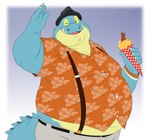 aloha_shirt anthro belly big_belly blue_body blue_scales clawed_fingers clothing crepe gesture green_eyes hat headgear headwear male one_eye_closed overweight overweight_male pattern_clothing pattern_shirt pattern_topwear scales scar shirt solo suspenders topwear waving wink pokelai lifewonders tokyo_afterschool_summoners makara_(tas) crocodile crocodilian reptile scalie absurd_res hi_res