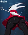 anthro black_body black_eyes blue_background butt butt_focus clothed clothing dress empty_eyes female genitals improvised_weapon low-angle_view no_underwear pussy rear_view red_clothing red_dress sewing_needle simple_background solo standing upskirt rick_lewd hollow_knight team_cherry hornet_(hollow_knight) arthropod insect digital_drawing_(artwork) digital_media_(artwork) hi_res