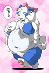 absurd_res accessory anthro bear belly blue_body blue_fur bow_ribbon breasts chibineco claws curvy_figure dialogue fangs female fur genitals giant_panda hair_accessory hair_bow hair_ribbon heart_background hi_res japanese_text looking_at_viewer mammal markings navel nipples overweight overweight_anthro overweight_female pattern_background pawpads paws pussy ribbons sachiko_(chibineco) semi-anthro simple_background solo spots spotted_body spotted_fur stocky teeth text towel towel_on_shoulder towel_only translated voluptuous walking
