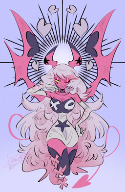 female membrane_(anatomy) membranous_wings not_furry one_eye_closed pink_body pink_skin small_waist solo spade_tail tail wings yasutak1192 hellaverse helluva_boss verosika_mayday demon demon_humanoid humanoid succubus absurd_res hi_res