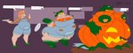 belly big_belly breast_expansion breasts clothes_rip clothing expansion female food footwear fruit gourd hair inanimate_transformation leaking orange_hair overalls plant plant_transformation pumpkin shoes transformation dirtymac bovid caprine goat human mammal absurd_res hi_res