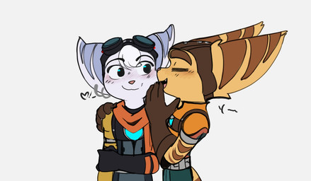 anthro blush clothed clothed_anthro clothed_female clothed_male clothing cybernetic_arm cybernetic_limb duo ear_piercing ear_ring eyes_closed eyewear eyewear_on_head female fur gloves goggles goggles_on_head hair handwear male male/female markings piercing ring_(marking) ring_piercing ringed_tail striped_markings striped_tail stripes tail tail_markings white_body white_fur white_hair yellow_body yellow_fur time_fluffy500 ratchet_and_clank sony_corporation sony_interactive_entertainment ratchet_(ratchet_and_clank) rivet_(ratchet_and_clank) lombax mammal