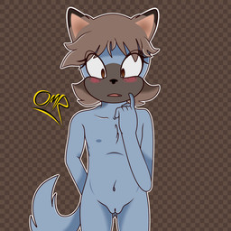 anthro blue_body blue_fur blush brown_eyes brown_hair cute_fangs fangs female flat_chested fur genitals hair navel nipples nude solo standing teeth vulva young young_anthro young_female anomorashiaccount canid canine canis domestic_dog mammal 1:1 source_request unavailable_at_source