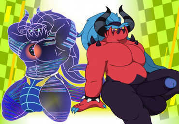 anthro armband balls beast_ball big_muscles big_pecs big_penis black_body black_sclera blue_body blue_eyes blue_hair clothing core duo erection game_ui genitals glitch_effect glowing_chest green_background hair horn jockstrap long_hair looking_at_viewer male multicolored_body muscular muscular_anthro muscular_male overweight overweight_anthro overweight_male pecs penis pokeball pokeball_clothing pokeball_underwear purple_eyes red_body simple_background spiked_armband spikes tail translucent translucent_body underwear yellow_sclera waniiime nintendo pokemon sega sonic_racing:_crossworlds sonic_the_hedgehog_(series) ai_racer_(sonic_racing:_crossworlds) the_deadly_six zavok robot_anthro zeti hi_res