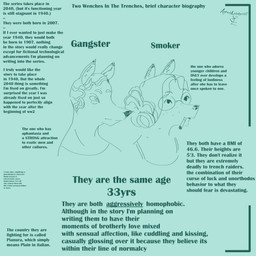 anthro cigarette context_in_descripton curls double_chin duo eyewear female freckles glasses hair iris lore stated_age two_wenches_in_the_trenches wavy_hair writing_text armedantagonist gangster_(two_wenches_in_the_trenches) smoker_(two_wenches_in_the_trenches) deer hybrid mammal 1:1 absurd_res bust_portrait hi_res portrait
