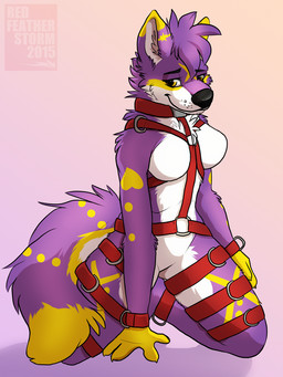 anthro biped black_nose breasts featureless_breasts featureless_crotch female fur gradient_background harness kneeling purple_body purple_fur red_harness simple_background solo white_body white_fur yellow_body yellow_eyes yellow_fur skylardoodles canid canine mammal 2015 dated digital_media_(artwork) hi_res shaded