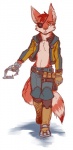 alternate_species anthro anthrofied belt body_modification boots clothing eye_patch eyewear footwear fur furrification hook hook_hand jacket machine male pirate red_body red_fur shoes simple_background solo topwear white_background yellow_eyes naoren five_nights_at_freddy's scottgames foxy_(fnaf) canid canine fox mammal