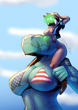 anthro big_breasts bikini breasts clothing cowgirl_outfit duo female female/female flag_bikini flag_swimwear magic_user mind_control size_difference swimwear two-piece_swimsuit voluptuous_female beltimerperbus fang_(primal) dinosaur prehistoric_species reptile saurischian scalie theropod tyrannosaurid tyrannosauroid tyrannosaurus absurd_res hi_res