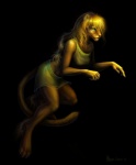 4_toes barefoot black_background blonde_hair bottomwear brown_body brown_fur claws clothing darkness feet female fur green_eyes hair long_hair miniskirt paws pink_nose pose shirt simple_background skirt solo standing toes topwear omega_lioness felid lion mammal pantherine 2013 detailed