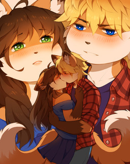 ahoge anthro bangs blonde_hair blue_eyes blush blush_lines bottomwear brown_hair brown_markings cheek_tuft clothed clothing collarbone dipstick_tail dress duo eyes_closed facial_tuft female fur green_eyes hair hug intraspecies kissing long_hair looking_at_another male male/female markings open_clothing open_shirt open_topwear orange_body orange_fur pants shirt short_hair simple_background skirt tail tail_markings topwear tuft white_body white_fur coff canid canine fox mammal absurd_res colored digital_drawing_(artwork) digital_media_(artwork) hi_res shaded