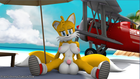 anthro balls big_breasts biped breasts clothing crossgender flaccid genitals gynomorph hair humanoid_genitalia humanoid_penis hyper intersex mtg_crossgender mti_crossgender penis pose solo text pixel-perry sega sonic_the_hedgehog_(series) miles_prower canid canine fox mammal 16:9 3d_(artwork) digital_media_(artwork) url widescreen