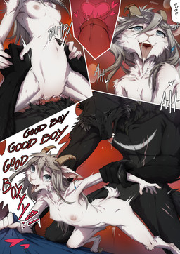abdominal_bulge anthro bed bed_sheet bedding black_body black_fur bodily_fluids breasts claws collarbone dialogue doggystyle duo ear_piercing ear_ring erection female from_behind_position fur fur_markings furniture genitals good_boy grey_hair hair hand_grab heart_eyes heart_symbol hip_grab horn horn_jewelry internal internal_vaginal jewelry long_hair love male male/female markings nipples nude penetration penile penile_penetration penis penis_in_vagina piercing praise ring_piercing saliva saliva_string scar sex size_difference small_breasts sound_effects speech_bubble tail text tongue tongue_out vaginal vaginal_penetration vulva lunaire_(artist) orin_(shadycrafts) varg_(shadycrafts) alpine_goat bovid canid canine caprine dire_wolf domestic_goat goat mammal prehistoric_species absurd_res comic english_text hi_res