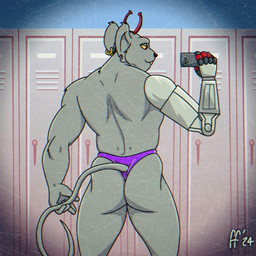 5_fingers antennae_(anatomy) anthro biped black_nose buckteeth butt cellphone closed_smile clothing cybernetic_arm cybernetic_limb ear_piercing ear_ring electronics fingers fur furgonomic_underwear furgonomics grey_body grey_fur holding_cellphone holding_object holding_phone holding_smartphone humanoid_hands locker male mouth_closed muscular muscular_anthro muscular_male notched_ear phone piercing purple_clothing purple_thong purple_underwear rear_view ring_piercing smartphone smile solo tail teeth thong underwear yellow_sclera fabfelipe biker_mice_from_mars modo_(bmfm) alien mammal mouse murid murine rodent 1:1 2024 chromatic_aberration digital_drawing_(artwork) digital_media_(artwork) hi_res