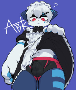 anthro biped blue_body blue_fur bulge cheek_markings clothed clothed_anthro clothed_male clothing clothing_lift countershading crossdressing dress dress_lift facial_markings front_view fur head_markings heart_in_pupils looking_at_viewer looking_down looking_down_at_viewer low-angle_view maid_headdress maid_uniform male male_anthro markings multicolored_body multicolored_fur pantsless pantsless_anthro pantsless_male presenting purple_background question_mark red_eyes ringed_eyes simple_background slim slim_anthro slim_male solo standing two_tone_body two_tone_fur underwear uniform white_body white_countershading white_fur ebi_tsunamayo domestic_cat felid feline felis mammal 2026 cel_shading digital_drawing_(artwork) digital_media_(artwork) hi_res shaded signature