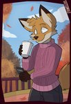 anthro balthy_(suitedwolfie) biped canid canine cellphone clothed clothing cloud container cup day detailed_background digital_drawing_(artwork) digital_media_(artwork) dipstick_ears drinking drinking_straw ear_markings electronics fox fully_clothed fur hi_res holding_cellphone holding_container holding_cup holding_object holding_phone male mammal multicolored_ears orange_body orange_fur outside phone pink_clothing pink_sweater pink_topwear plant solo standing suitedwolfie sweater topwear tree