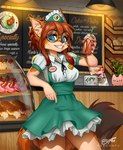 alternative_fashion anthro bakery beverage blue_eyes breasts brown_hair clothed clothing coffee container cup cupcake dessert detailed_background display_case doughnut dress eyewear female fluffy fluffy_tail food food_fetish fully_clothed glasses hair hat headgear headwear humor inner_ear_fluff inside j-fashion lolita_(fashion) looking_at_viewer meat menu_board mug name_tag pastry plant pun sausage smile solo suggestive suggestive_food tail teeth tuft uniform visual_pun dragonfu holes_n_poles maple_flake canid canine canis coyote mammal 2023 hi_res