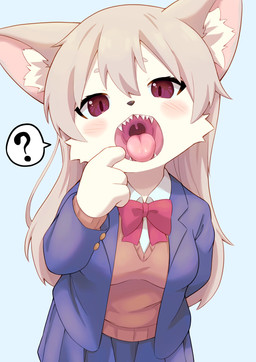 4_fingers anthro blue_background bottomwear bow_tie clothing confusion fangs female female_anthro fingers gesture hand_gesture kemono looking_at_viewer mouth_shot open_mouth pointing pointing_at_self purple_eyes showing_teeth simple_background skirt solo teeth tongue uvula young young_anthro young_female piporinton kemono_sister_(piporinton) canid canine canis domestic_dog mammal 2024 hi_res