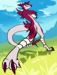 2024 anthro blitzdrachin blue_eyes claws cloud conditional_dnp crossed_arms deckimortis digital_drawing_(artwork) digital_media_(artwork) fur horn long_tail perspective pink_body pink_fur red_body red_fur sky smug solo tail zephyr_the_deckimortis