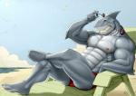 abs anthro athletic barefoot beach biceps big_muscles biped chair clothed clothing cloud crossed_legs detailed_background electronics eyewear fangs feet fin furniture glasses green_eyes grey_body grey_skin grin headphones looking_at_viewer male muscular muscular_anthro muscular_male nipples outside pecs pose raised_leg reclining sand sea seaside sitting sky smile solo speedo swimwear teeth topless underwear water maxima fish marine shark 2015